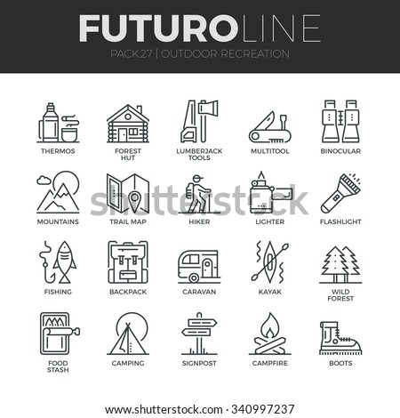 Modern thin line icons set of  outdoor recreation activity and hiking tourism. Premium quality outline symbol collection. Simple mono linear pictogram pack. Stroke vector logo concept for web graphics
