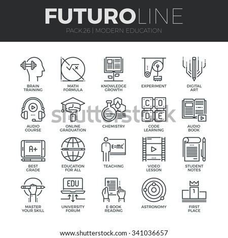 Modern thin line icons set of online education class and internet course study. Premium quality outline symbol collection. Simple mono linear pictogram pack. Stroke vector logo concept for web graphic