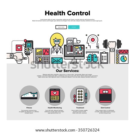One page web design template with thin line icons of mobile health control technology, mHealth doctor app, digital medicine healthcare. Flat design graphic hero image concept, website elements layout.