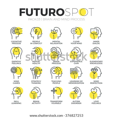 Stroke line icons set of human brain features, mind feelings and emotions. Modern flat linear pictogram concept. Premium quality outline symbol collection. Simple vector material design, web graphics.