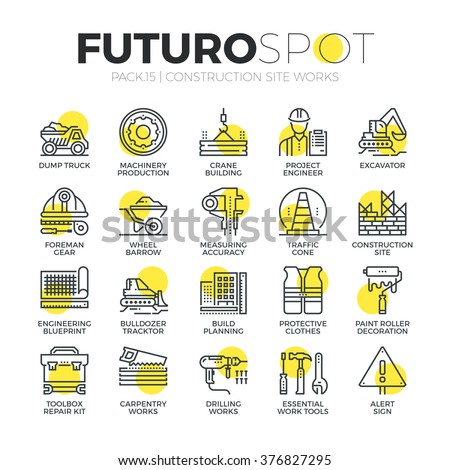 Stroke line icons set of construction building works, engineering tools. Modern flat linear pictogram concept. Premium quality outline symbol collection. Simple vector material design of web graphics.