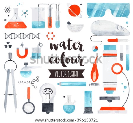 Premium quality watercolor icons set of science laboratory research, lab test tubes. Hand drawn realistic vector decoration, text lettering. Flat lay watercolor objects isolated on white background.