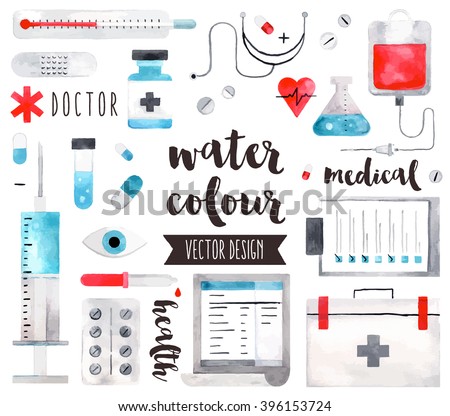 Premium quality watercolor icons set of medical equipment, pills with first aid kit. Hand drawn realistic vector decoration, text lettering. Flat lay watercolor objects isolated on white background.