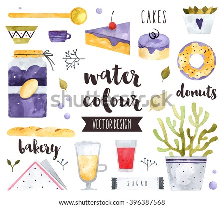 Premium quality watercolor icons set of homemade sweets, bakery food and desserts. Hand drawn realistic vector decoration with text lettering. Flat lay watercolor objects isolated on white background