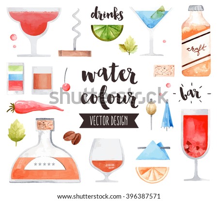 Premium quality watercolor icons set of alcohol drinks and various bar cocktails. Hand drawn realistic vector decoration with text lettering. Flat lay watercolor objects isolated on white background.