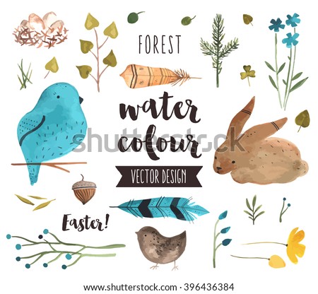 Premium quality watercolor icons set of spring celebration, Easter egg happiness. Hand drawn realistic vector decoration with text lettering. Flat lay watercolor objects isolated on white background.