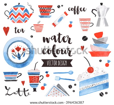 Premium quality watercolor icons set of traditional tea pot, bright ceramic plates. Hand drawn realistic vector decoration with text lettering. Flat lay watercolor objects isolated on white background
