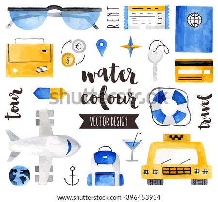 Premium quality watercolor icons set of world traveling, vacation destination. Hand drawn realistic vector decoration with text lettering. Flat lay watercolor objects isolated on white background.