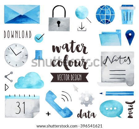 Premium quality watercolor icons set of global communication, business connection. Hand drawn realistic vector decoration with text lettering. Flat lay watercolor objects isolated on white background.