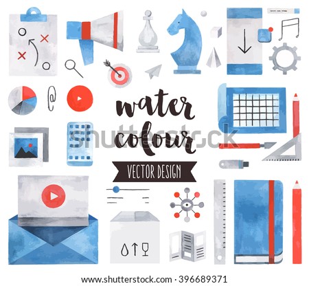 Premium quality watercolor icons set of business strategy concept, marketing tools. Hand drawn realistic vector decoration with text lettering. Flat lay watercolor objects isolated on white background