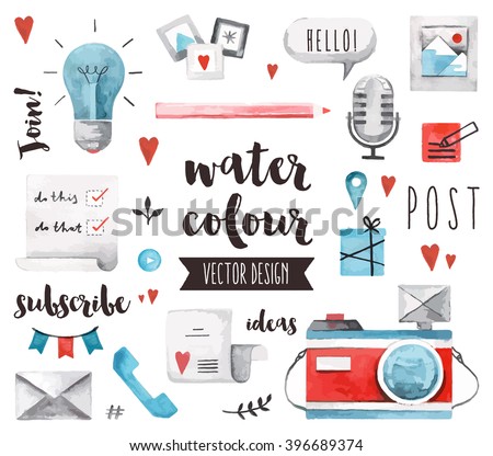 Premium quality watercolor icons set of social media content posting and blogging. Hand drawn realistic vector decoration with text lettering. Flat lay watercolor objects isolated on white background.