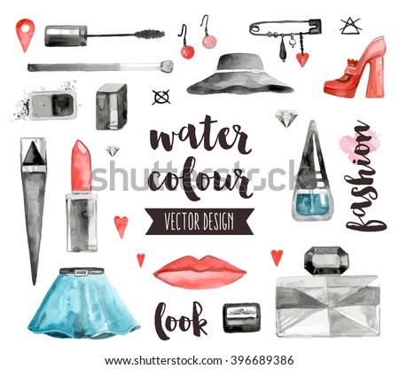 Premium quality watercolor icons set of makeup products, female beauty accessories. Hand drawn realistic vector decoration with text lettering. Flat lay watercolor objects isolated on white background