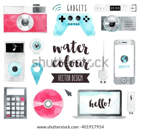 Premium quality watercolor icons set of smart media devices and personal gadgets. Hand drawn realistic vector decoration with text lettering. Flat lay watercolor objects isolated on white background.