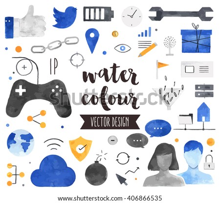 Premium quality watercolor icons set of people connection, social gaming community. Hand drawn realistic vector decoration with text lettering. Flat lay watercolor objects isolated on white background