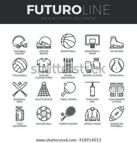 Modern thin line icons set of sports equipment and wear, various type of balls. Premium quality outline symbol collection. Simple mono linear pictogram pack Stroke vector logo concept for web graphics