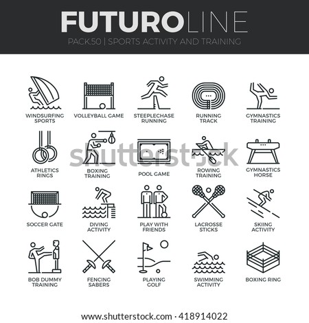 Modern thin line icons set of outdoor sports training, various athletic activity Premium quality outline symbol collection Simple mono linear pictogram pack Stroke vector logo concept for web graphics