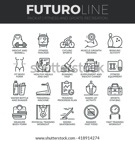 Modern thin line icons set of fitness gym equipment, sports recreation activity. Premium quality outline symbol collection Simple mono linear pictogram pack Stroke vector logo concept for web graphics