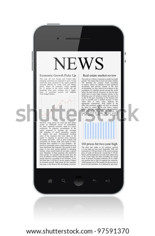 Modern smart phone with business news article isolated on white. Modern smart phone with business news article isolated on white.