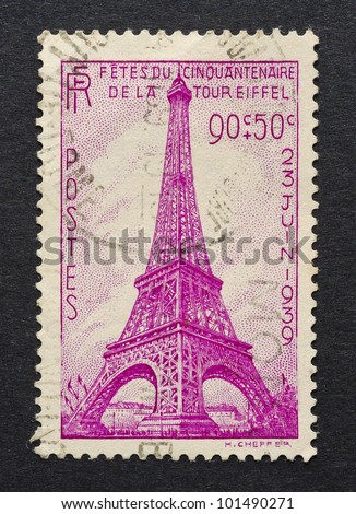 FRANCE CIRCA 1939 A postage stamp printed in France showing an image of Eiffel Tower circa 1939 FRANCE CIRCA 1939 A postage stamp printed in France showing an image of Eiffel Tower circa 1939