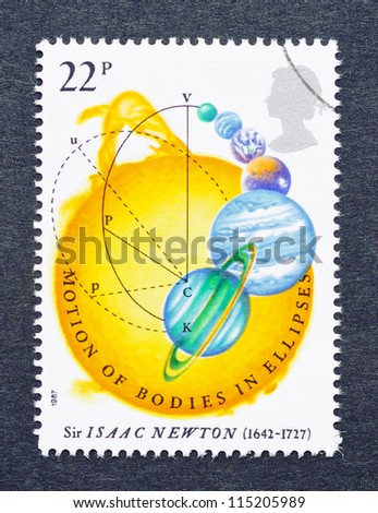 UNITED KINGDOM -Â?Â? CIRCA 1987: A postage stamp printed in United Kingdom celebrating Isaac Newton Principia and showing an image of sun and planets for The Motion of Bodies in Elipses, circa 1987.