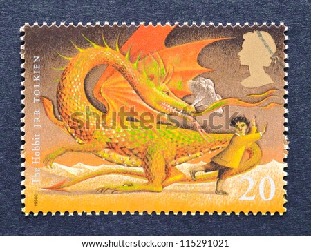 UNITED KINGDOM - CIRCA 1998: a postage stamp printed in United Kingdom showing an image of The Hobbit a novel by J.R.R. Tolkien, circa 1998.