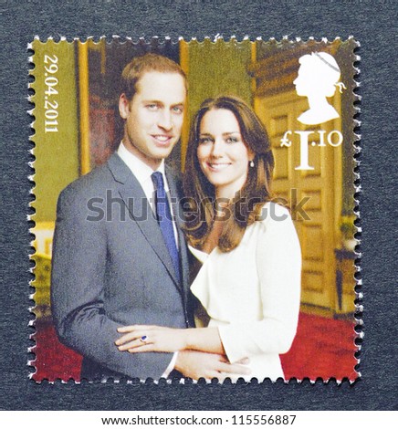 UNITED KINGDOM - CIRCA 2011: A postage stamp printed in United Kingdom showing an image of Prince William and Kate Middleton, circa 2011.