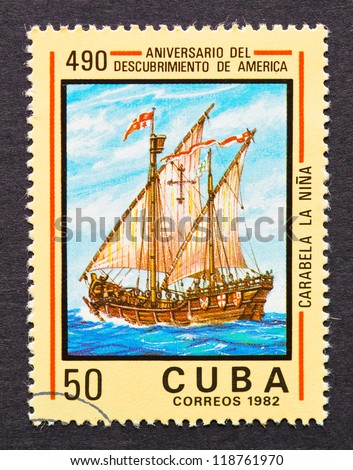 CUBA - CIRCA 1982: a postage stamp printed in Cuba showing an image of a caravel commemorative of 490th anniversary of America discovery, circa 1982.