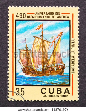 CUBA - CIRCA 1982: a postage stamp printed in Cuba showing an image of a caravel commmorative of 490th anniversary of America discovery, circa 1982.