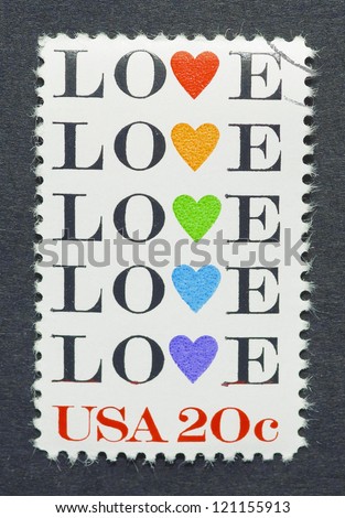 UNITED STATES - CIRCA 1984: a postage stamp printed in United States showing the word Love five times with five hearts, circa 1984.