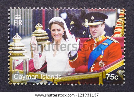 CAYMAN ISLANDS - CIRCA 2011: a postage stamp printed in Cayman Islands showing an image of royal wedding between Prince William and Kate Middleton, circa 2011.