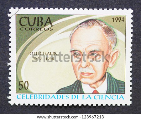 CUBA Ã¢Â?Â? CIRCA 1994: a postage stamp printed in Cuba showing an image of chemist Nobel prize winner Otto Hahn, circa 1994.