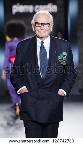 BARCELONA Ã¢Â?Â? JANUARY 28: French designer Pierre Cardin pose at the end of the Pierre Cardin catwalk during the 080 Barcelona Fashion runway on January 28, 2012 in Barcelona, Spain.