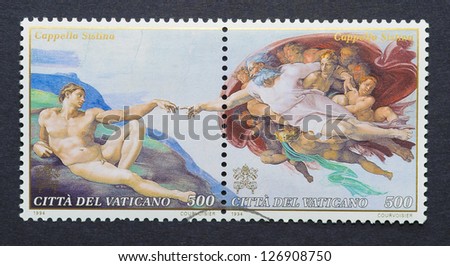 VATICAN CITY - CIRCA 1994: a postage stamp printed in Vatican City showing an scene of The Sistine Chapel frescoes in the Vatican by Michelangelo Buonarroti, circa 1994.