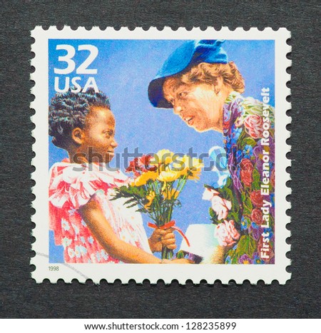 UNITED STATES Ã¢Â?Â? CIRCA 1998: a postage stamp printed in USA showing an image of the first Lady Eleanor Roosevelt, circa 1998.