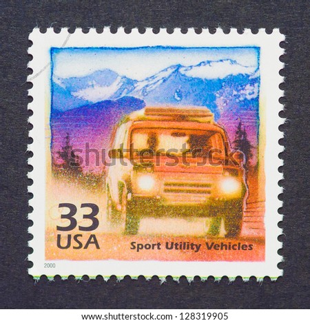 UNITED STATES Ã¢Â?Â? CIRCA 2000: a postage stamp printed in USA showing an image of SUV car running, circa 2000.