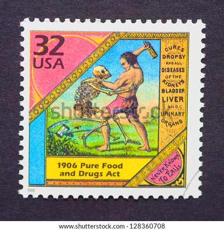 UNITED STATES Ã¢Â?Â? CIRCA 1998: a postage stamp printed in USA showing an image of the Pure Food and Drug Act, circa 1998.