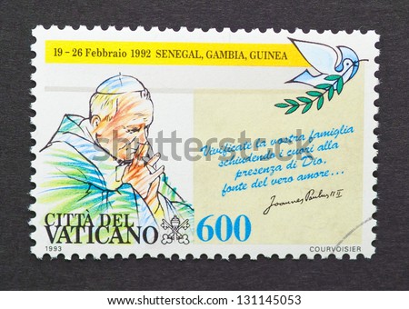 VATICAN CITY - CIRCA 1993: a postage stamp printed in Vatican City to commemorate pope John Paul II travels to Senegal, Gambia and Guinea, circa 1993.