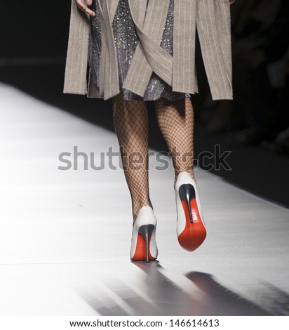 MADRID - FEBRUARY 19: Details of shoes on the Victorio & Lucchino catwalk during the Cibeles Madrid Fashion Week runway on February 19, 2013 in Madrid.