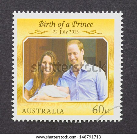 Australia - Circa 2013: A Postage Stamp Printed In Australia Commemorative Of Prince George Birth The First Child Of Prince William And Kate Middleton, Circa 2013.
