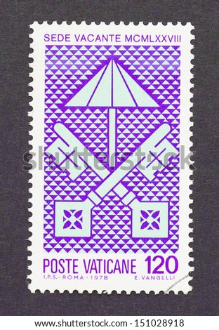 VATICAN CITY - CIRCA 1978: a postage stamp printed in Vatican City showing an allegoric image of the vacancy of the episcopal see of the Catholic Church after the death of John Paul I, circa 1978.
