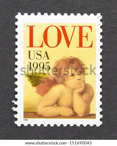 UNITED STATES - CIRCA 1995: a postage stamp printed in United States showing a cupid angel and the word Love, circa 1995.