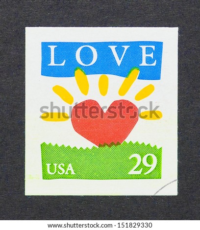 UNITED STATES - CIRCA 1996: a postage stamp printed in United States showing red heart and the word Love, circa 1996.