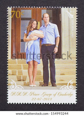 New Zealand - Circa 2013: A Postage Stamp Printed In New Zealand Commemorative Of Prince George Birth The First Child Of Prince William And Kate Middleton, Circa 2013.
