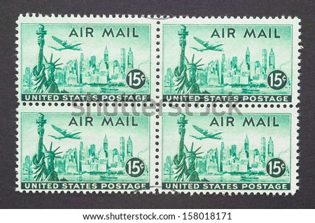 UNITED STATES - CIRCA 1947: a set of four postage stamps printed in USA showing an image of New York City skyline, circa 1947.