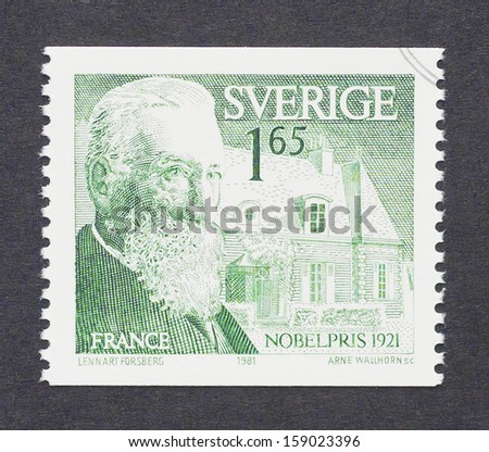 SWEDEN - CIRCA 1981: a postage stamp printed in Sweden showing an image of Nobel prize winner Anatole France, circa 1981.