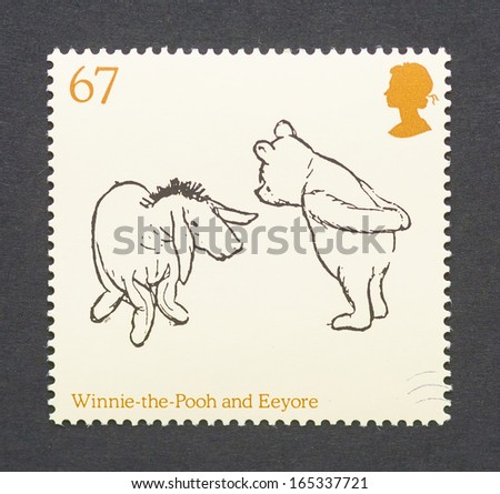 UNITED KINGDOM CIRCA 2010 a postage stamp printed in United Kingdom showing an image of cartoon characters teddy bear Winnie-the-Pooh and the donkey Eeyore circa 2010 UNITED KINGDOM CIRCA 2010 a postage stamp printed in United Kingdom showing an image of cartoon characters teddy bear Winnie-the-Pooh and the donkey Eeyore circa 2010