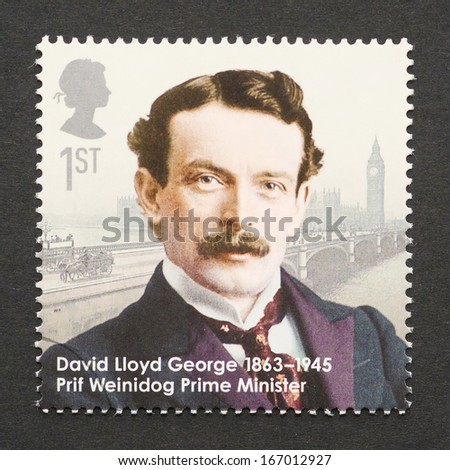 UNITED KINGDOM - CIRCA 2013: a postage stamp printed in United Kingdom showing an image of prime minister David Lloyd George, circa 2013.
