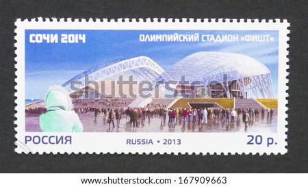 RUSSIA - CIRCA 2013: a postage stamp printed in Russia commemorative of Sochi 2014 winter Olympic games with an image The Fisht Olympic Stadium, circa 2013.