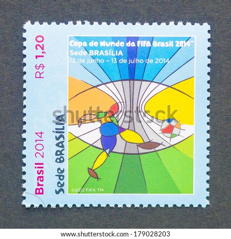BRAZIL - CIRCA 2014: a postage stamp printed in Brazil commemorative of Brasilia one of the host cities of 2014 FIFA World Cup Brazil, circa 2014.