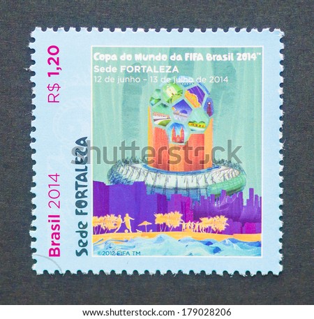 BRAZIL CIRCA 2014 a postage stamp printed in Brazil commemorative of Fortaleza one of the host cities of 2014 FIFA World Cup Brazil circa 2014 BRAZIL CIRCA 2014 a postage stamp printed in Brazil commemorative of Fortaleza one of the host cities of 2014 FIFA World Cup Brazil circa 2014